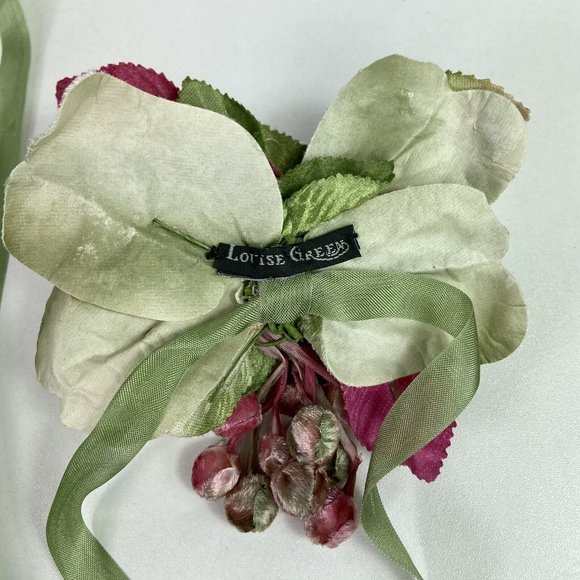 Vtg Louise Green Velvet Leafy Floral Headpiece w/ Ribbon Buds Whimsy Pink Green